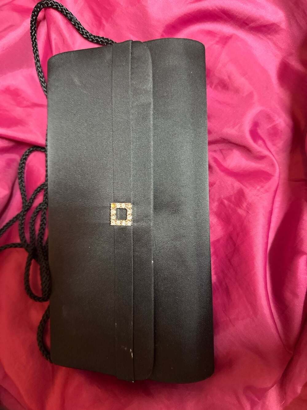 Black Satin Evening Clutch Purse with Rhinestone Accent & Shoulder Strap